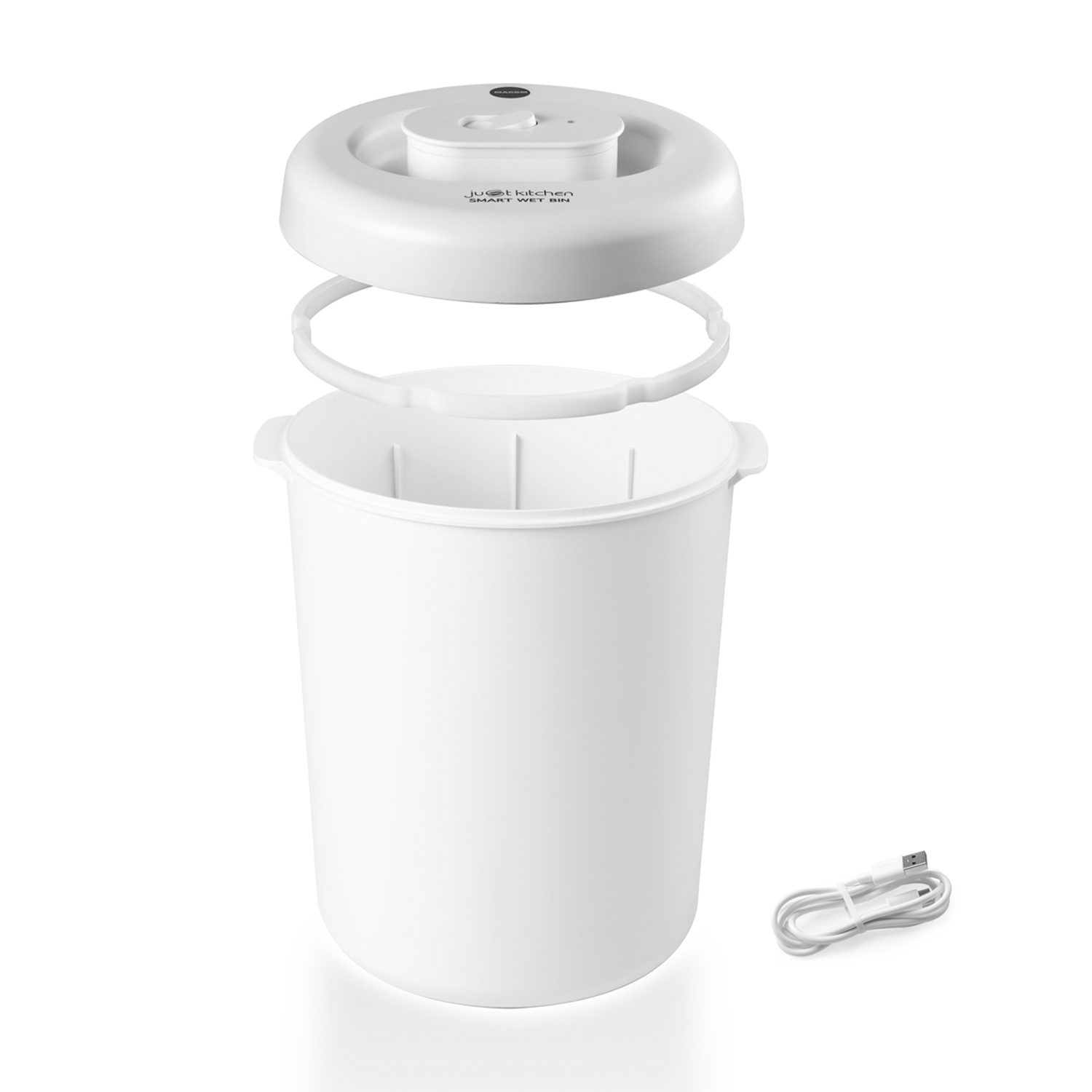 Elettrodomestico da cucina bianco con componenti e un cavo USB.