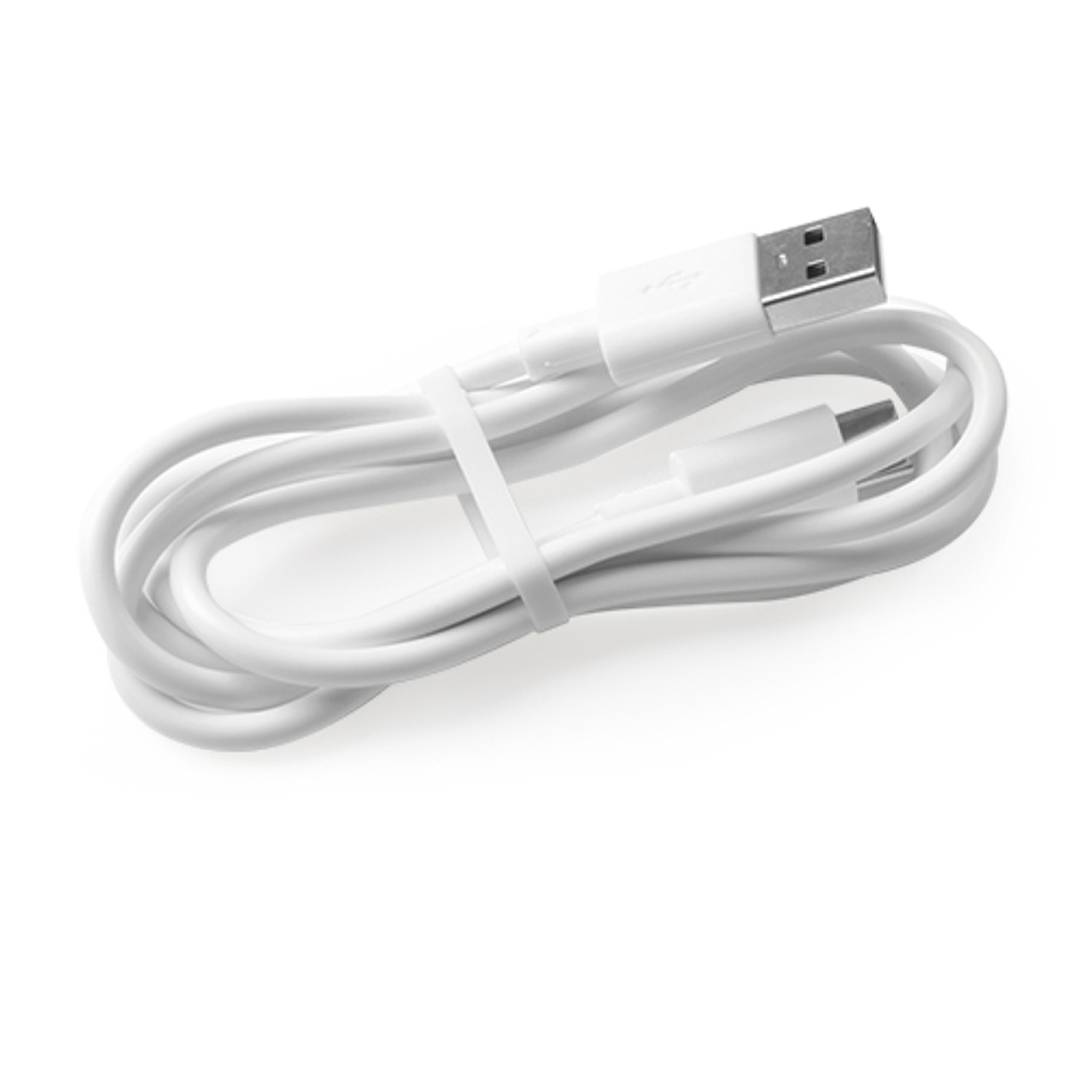 Un cavo di ricarica bianco con connettori USB e USB-C su sfondo bianco.
