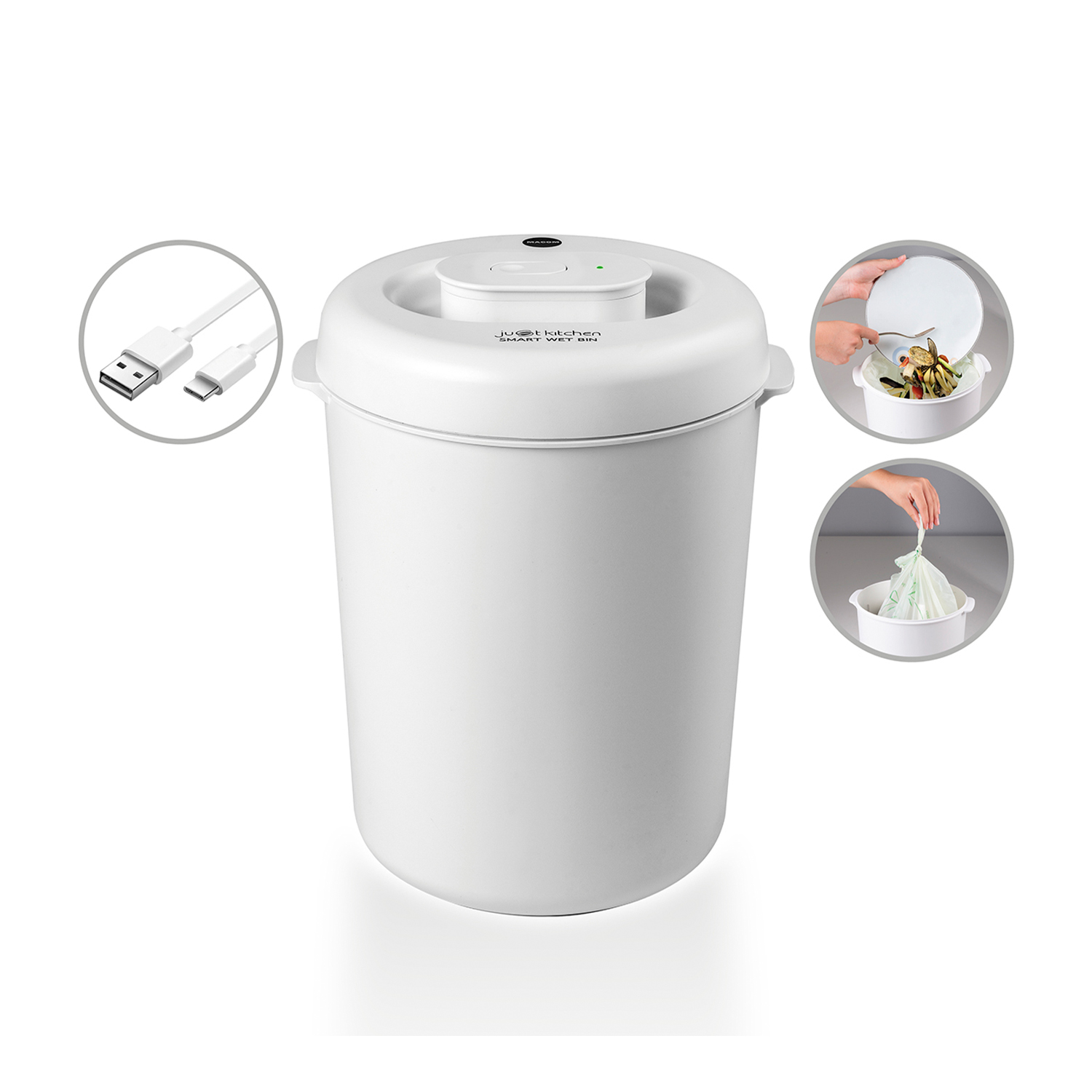 Compostiera da cucina intelligente bianca con cavo USB e immagini d'uso.