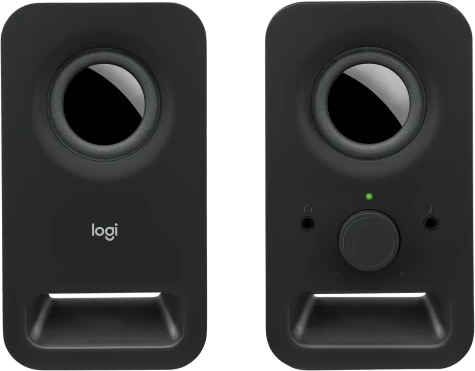 Zwei schwarze Lautsprecher. Logitech-Logo, Lautstärkeregler und grüne Betriebsanzeige.