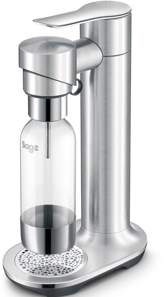 Ein silberner Soda-Maker mit einer transparenten Flasche.