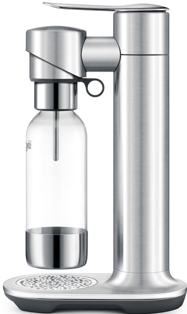 Soda-Maker aus Edelstahl mit transparenter Flasche und silbernem Sockel.