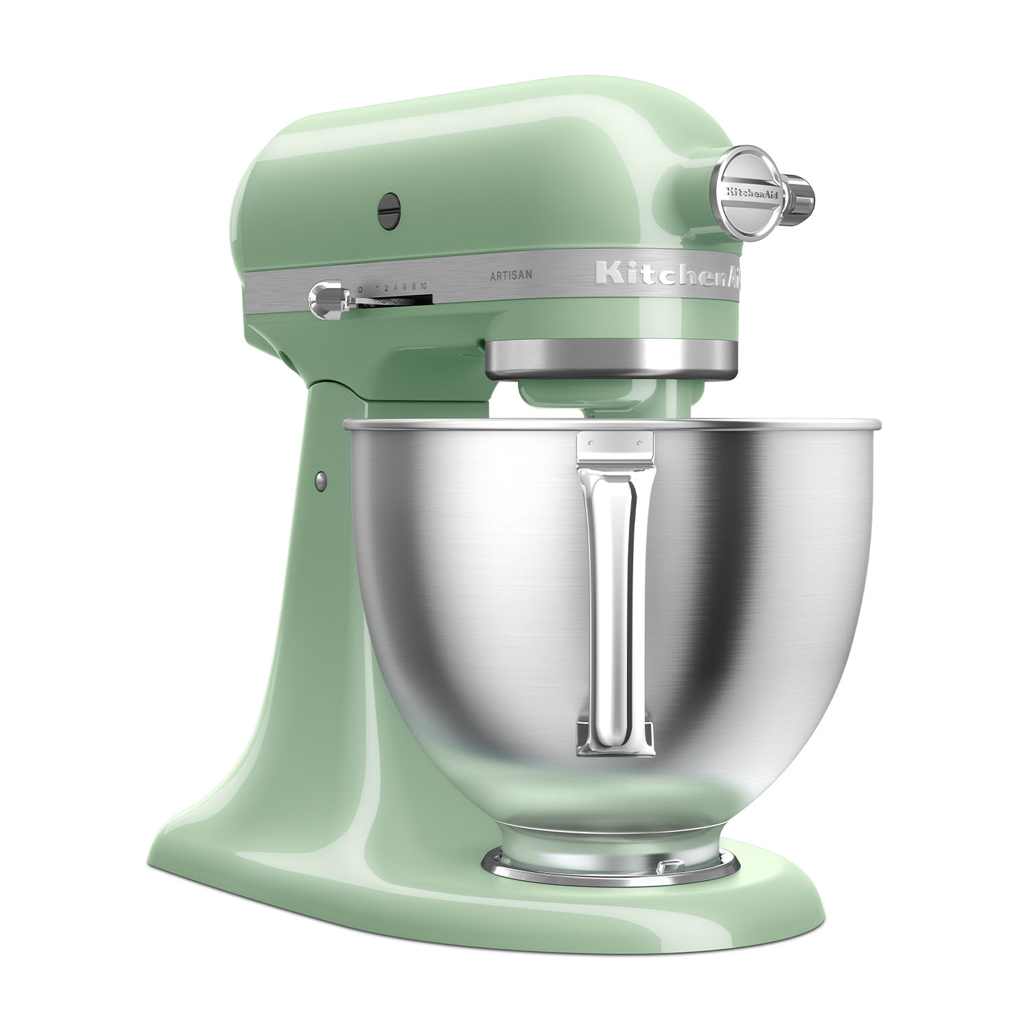 Un mixer a supporto KitchenAid verde con una ciotola argentata, un classico elettrodomestico.