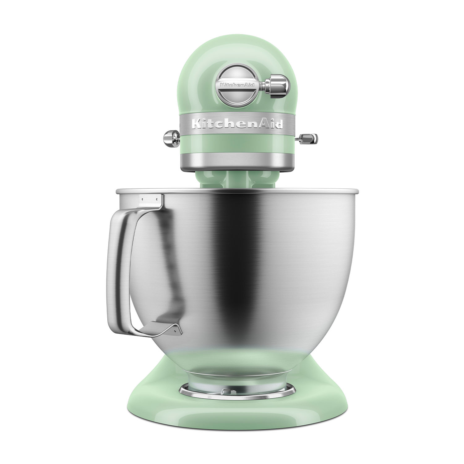 Un robot da cucina KitchenAid verde menta con una ciotola in acciaio inossidabile, su sfondo bianco.