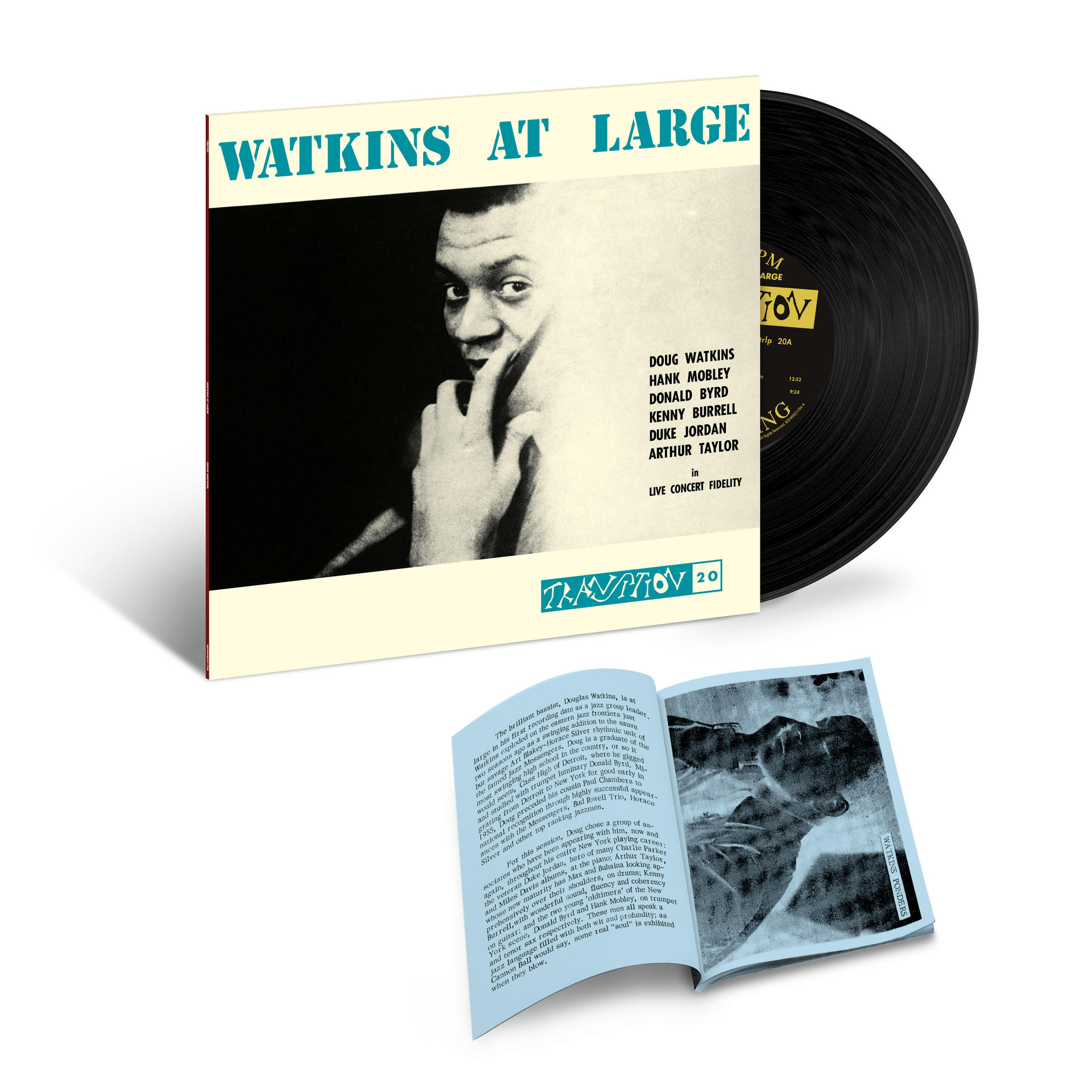 Watkins at Large Albumcover und Vinyl-Schallplatte. Das Cover zeigt einen Mann und Text.