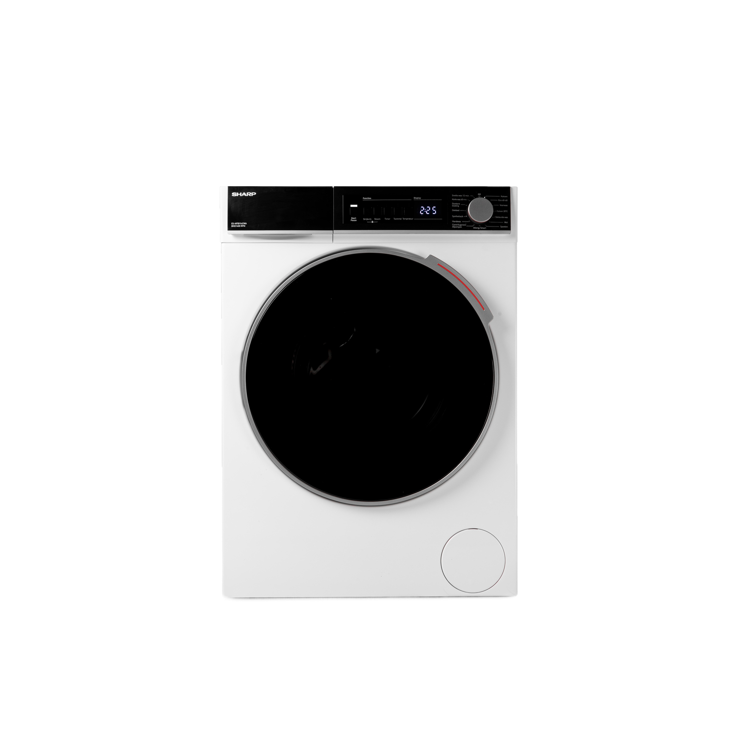 Lave-linge blanc, porte noire, commandes en haut. Marque Sharp.