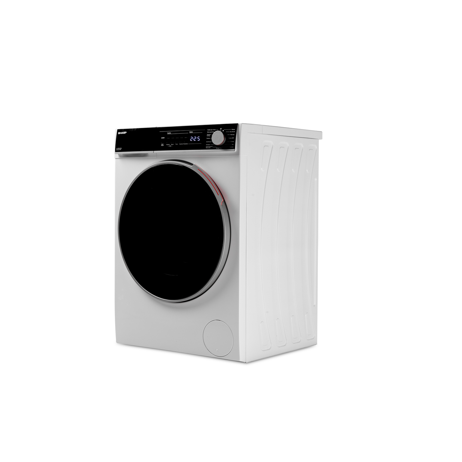 Lave-linge blanc avec porte et écran noirs.