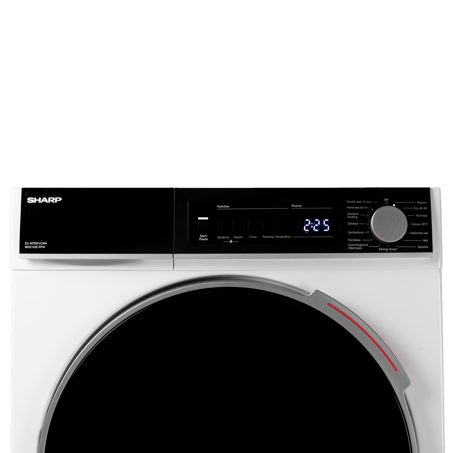 Gros plan sur le panneau de commande d'un lave-linge Sharp blanc avec écran.