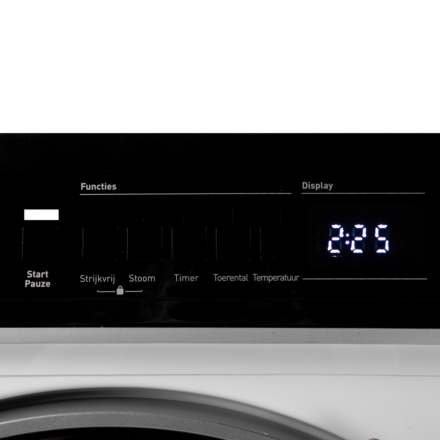 Panneau de commande de lave-linge avec écran 2:25. Boutons: Start, Strijk, Stoom, Timer, etc.