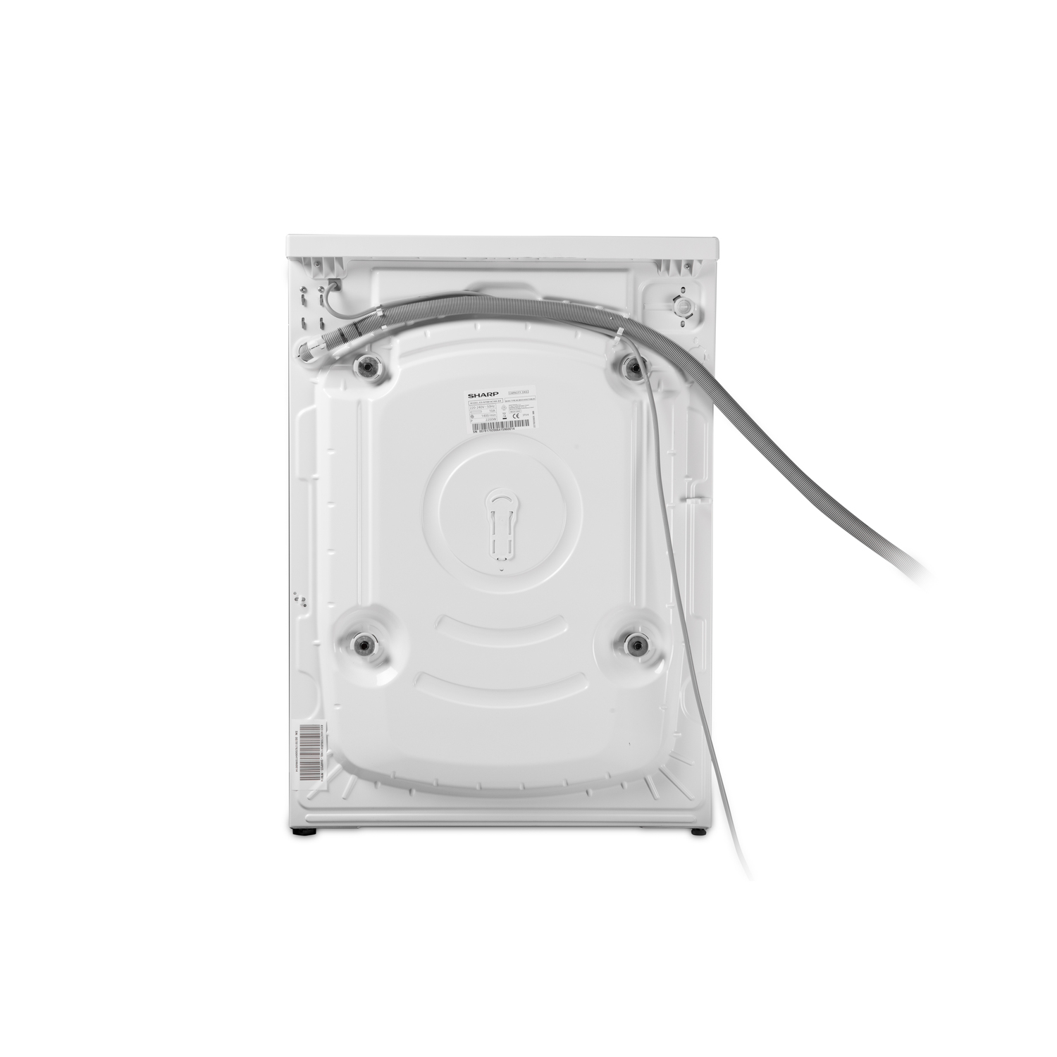 L'arrière d'une machine à laver blanche. Montrant le panneau arrière avec entrée d'eau, tuyau de vidange et cordon d'alimentation.