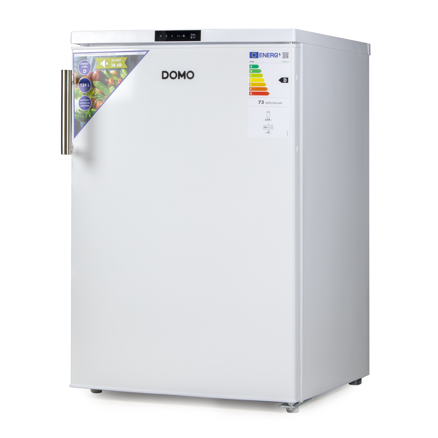 White refrigerator with a 'DOMO' logo. Energy efficiency label is on the right side. Door handle on the left.