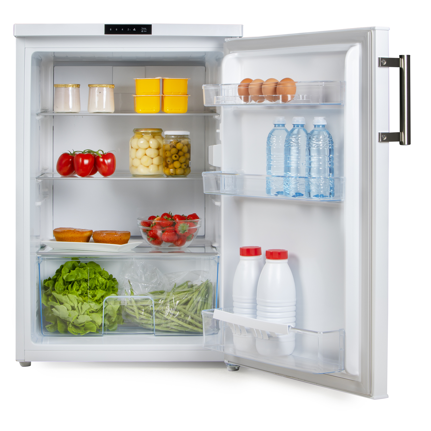A white refrigerator, opened, filled with food like eggs and vegetables.