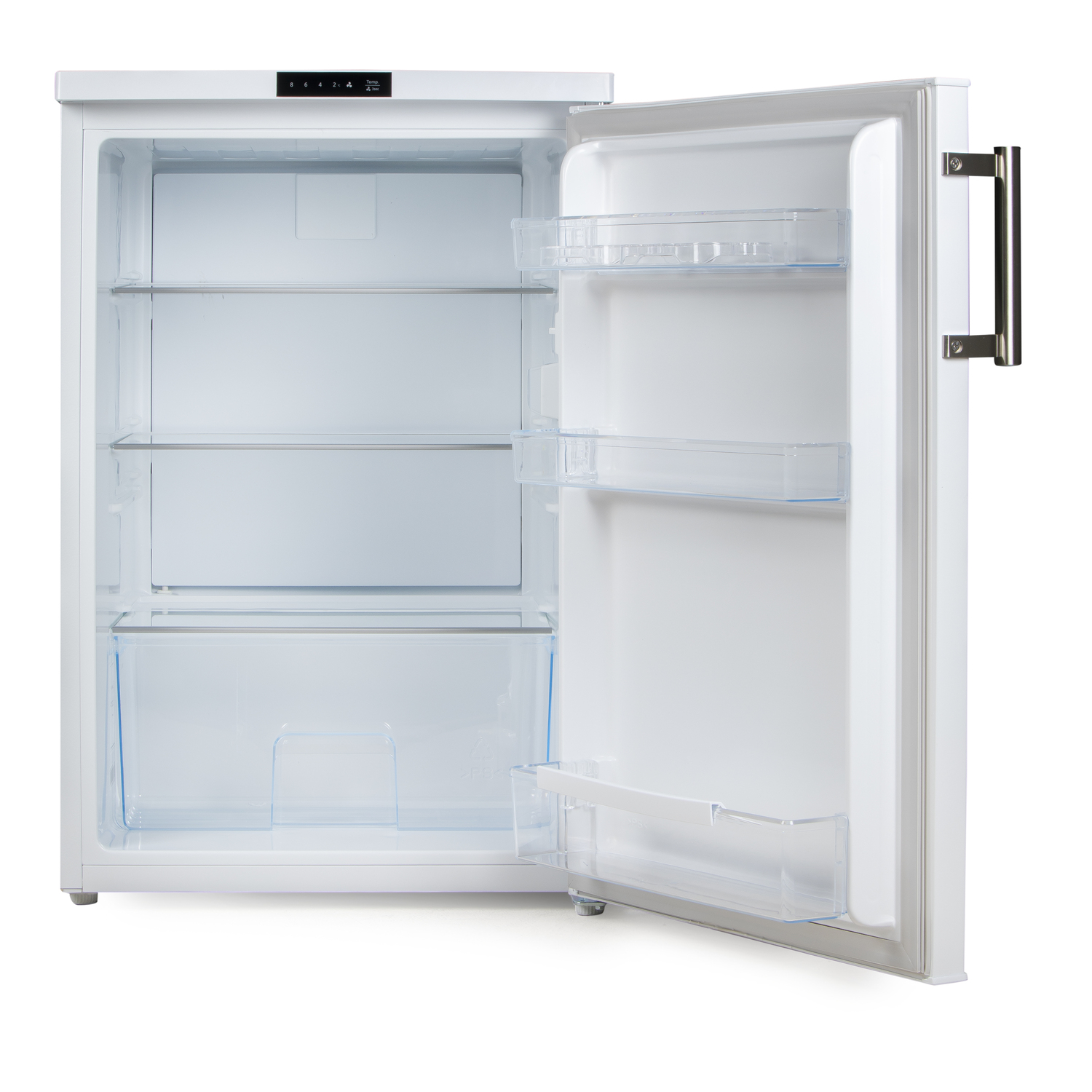 A white refrigerator, open, with empty shelves.