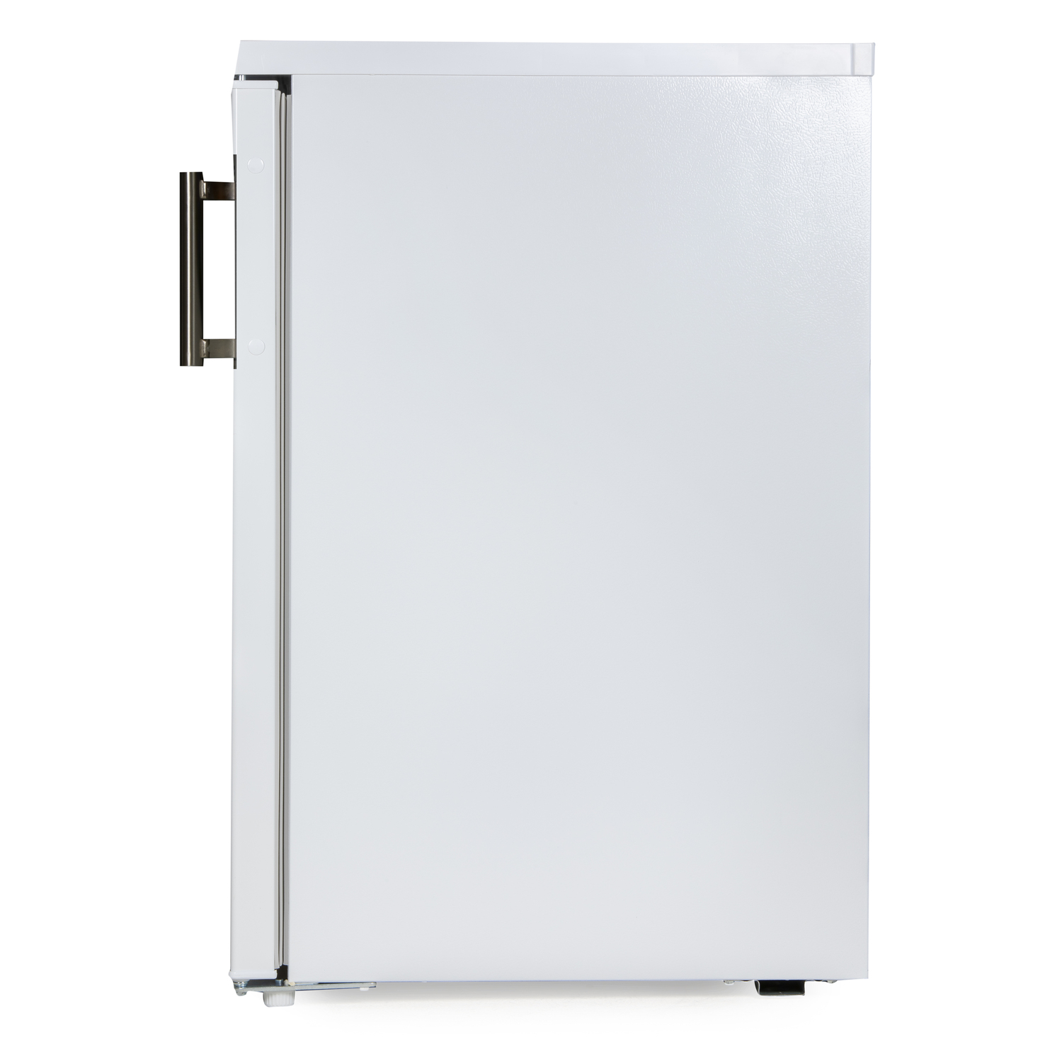 A white refrigerator against a white background. The handle is on the right side.