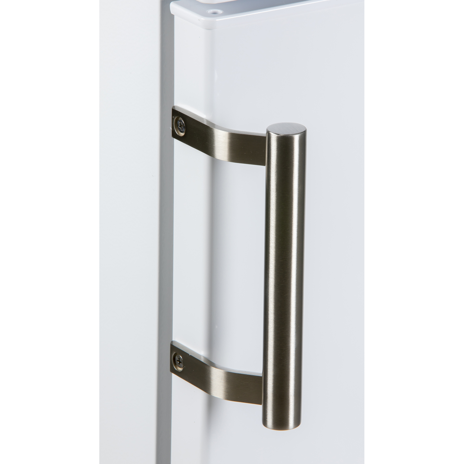 Close-up of a white cabinet door with a brushed metal handle. The handle is cylindrical.