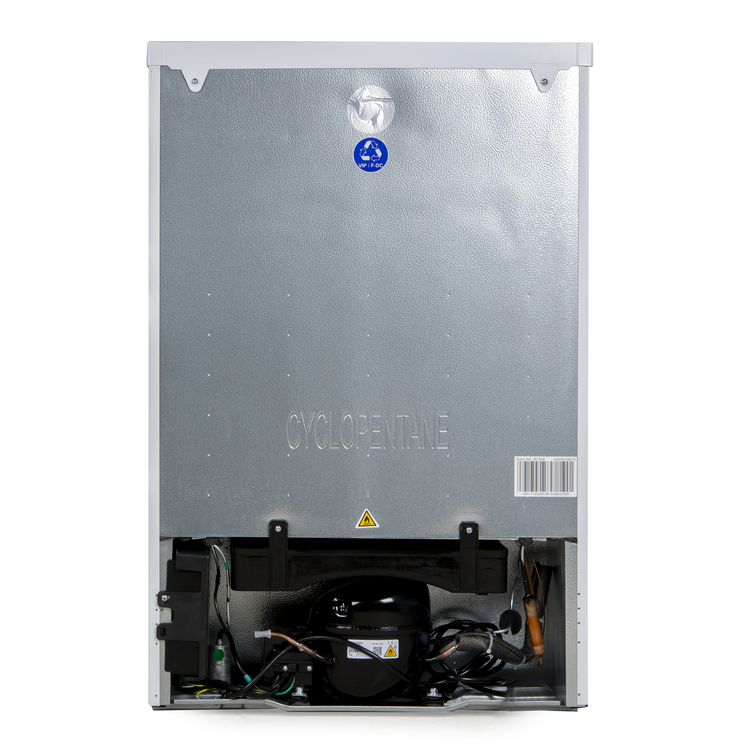 Back of a refrigerator. Metal paneling, compressor, and various components are visible.