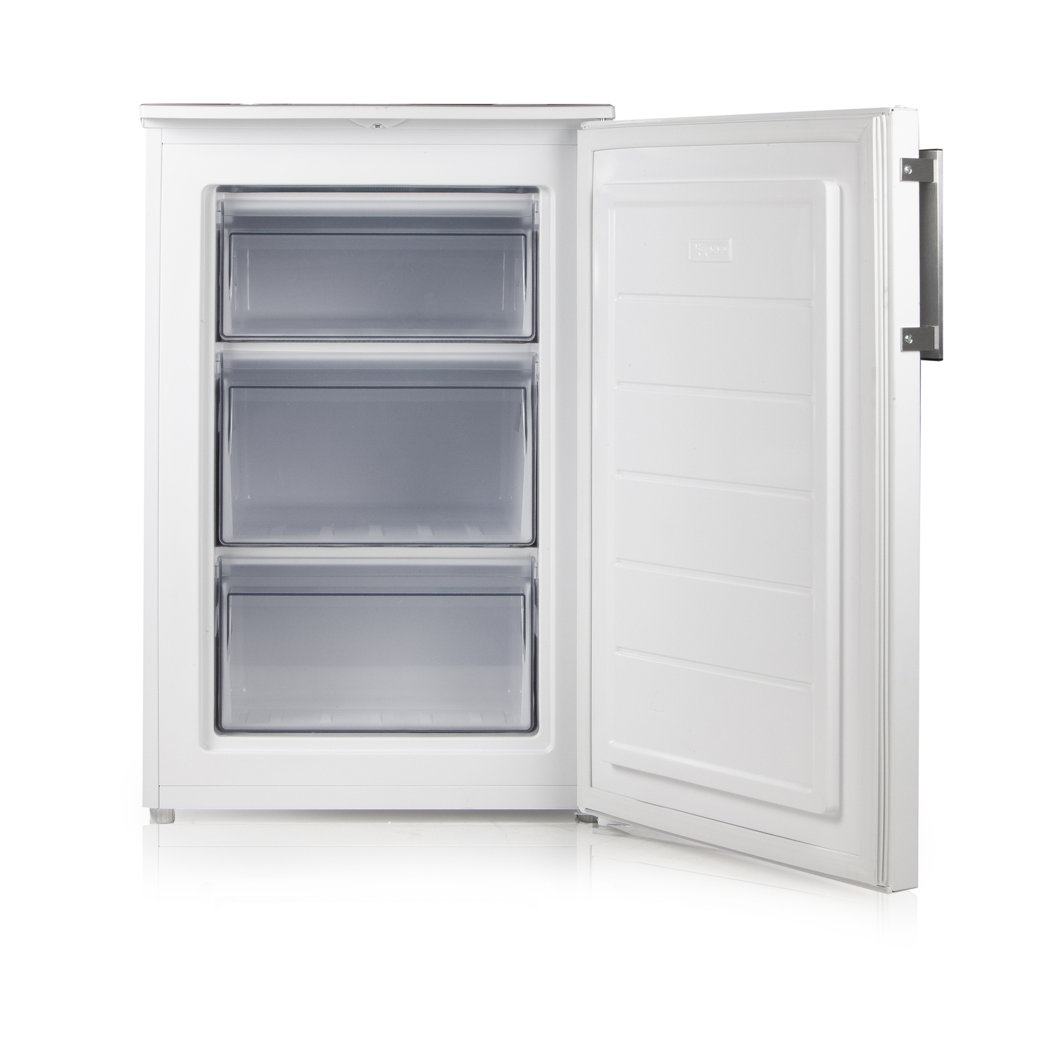 Un congélateur blanc avec la porte ouverte, révélant trois tiroirs. La poignée est à droite.