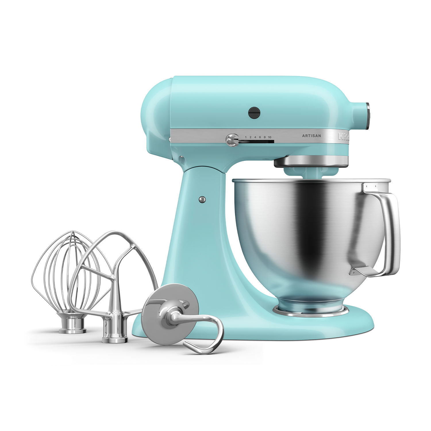 Un mixer a supporto KitchenAid Artisan azzurro, con accessori, su sfondo bianco.