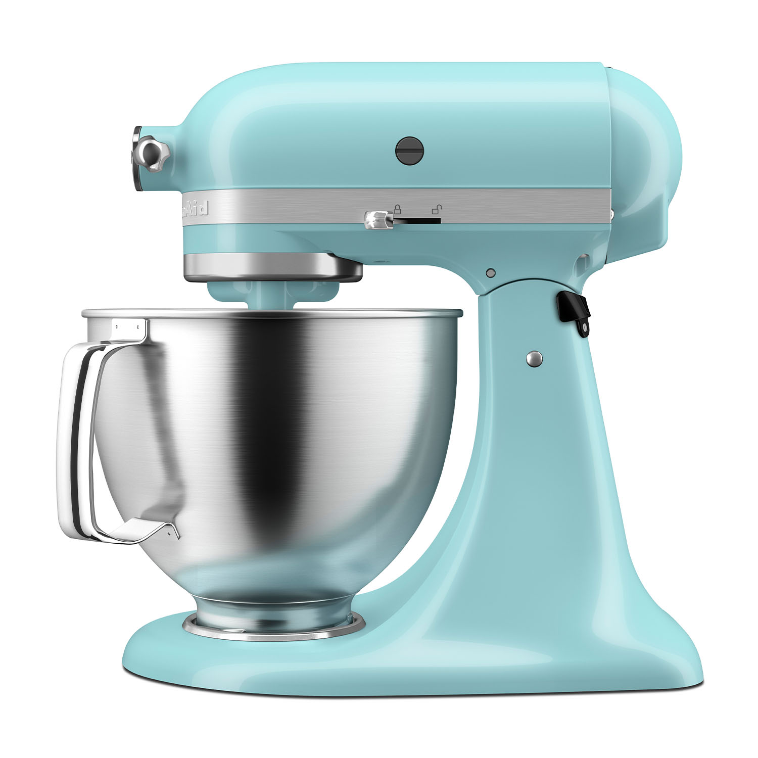 Un'impastatrice KitchenAid azzurra con una ciotola argentata, su sfondo bianco.