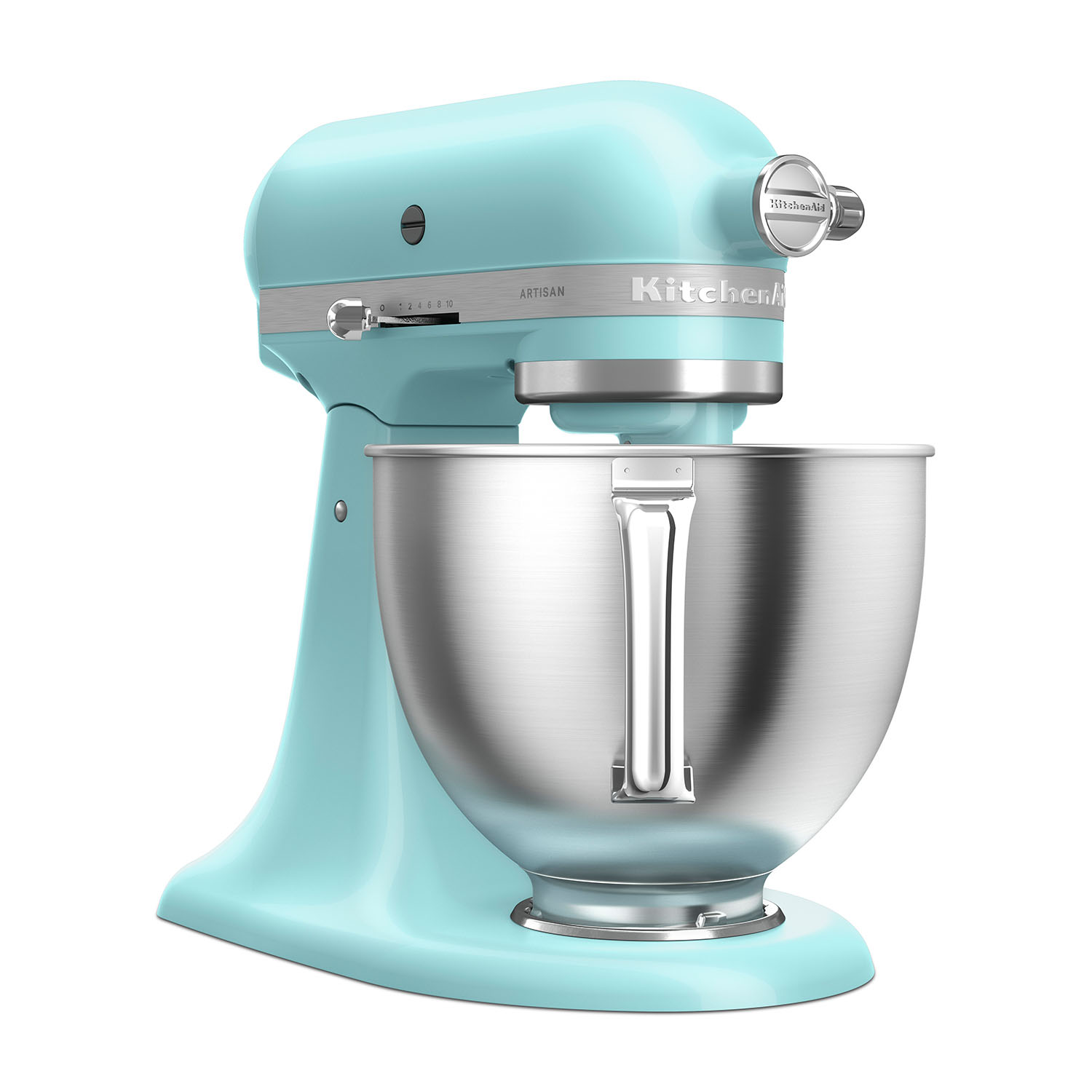 Un mixer KitchenAid azzurro, con ciotola in acciaio inox. Isolato su sfondo bianco.