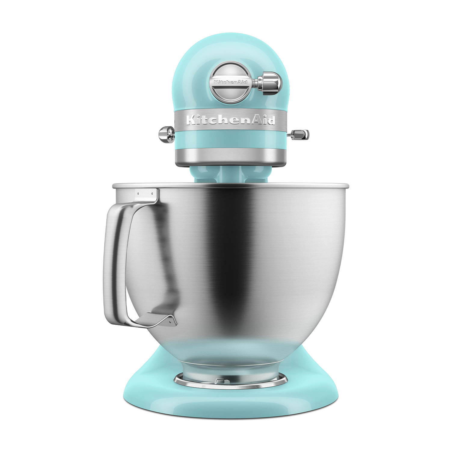Frullatore KitchenAid azzurro. Ciotola in acciaio inox, dettagli argento, sfondo bianco.