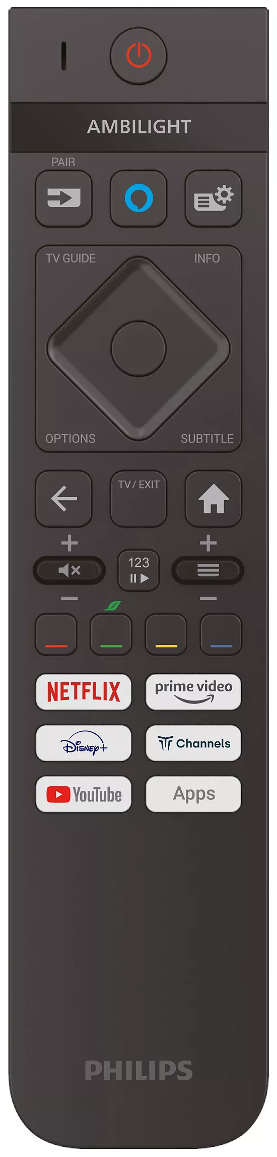 Pilot Philips z wieloma przyciskami, w tym logo Netflix, Prime i YouTube.