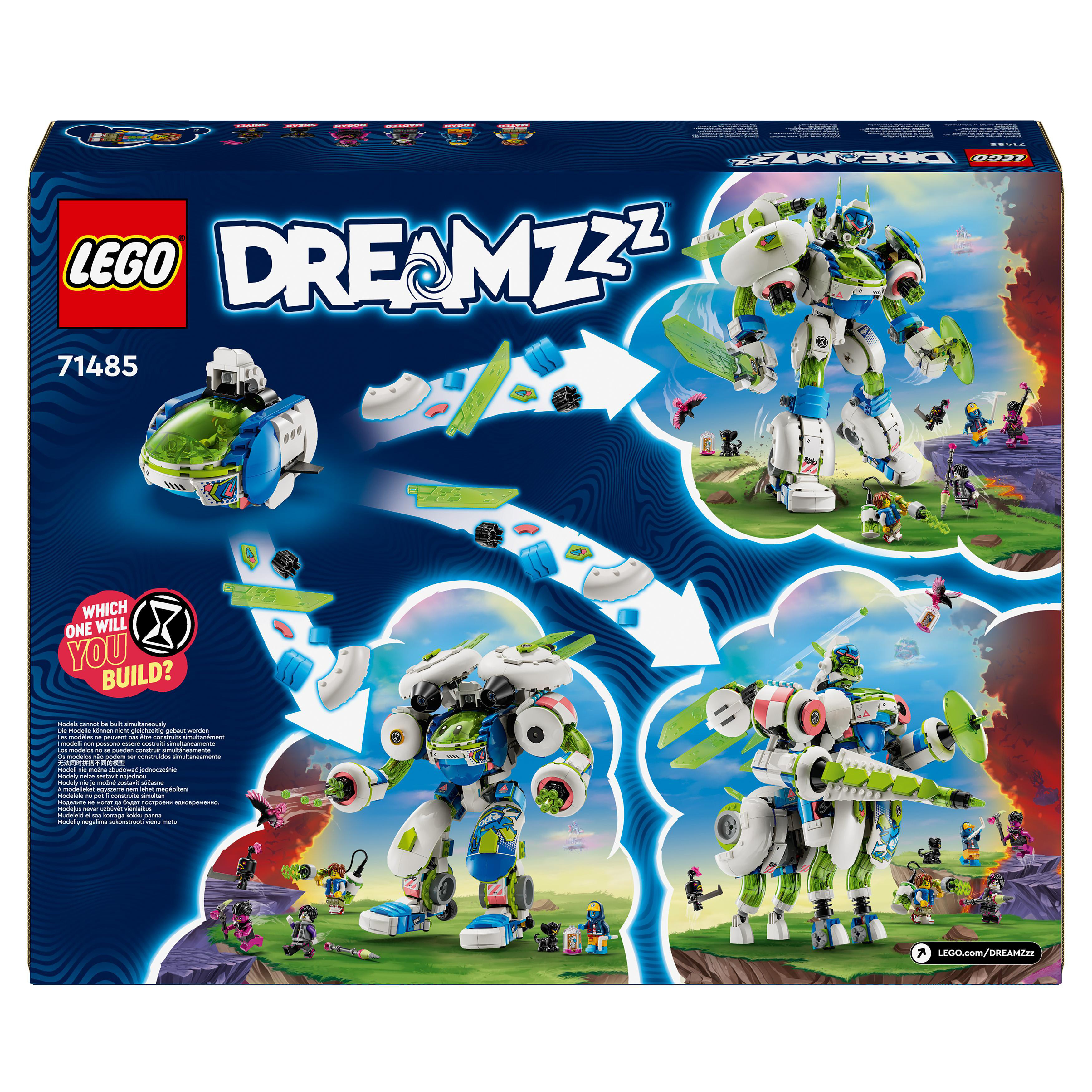 Rückseite einer Lego Dreamzzz Box mit Bauanleitungen und Bildern verschiedener Modelle.
