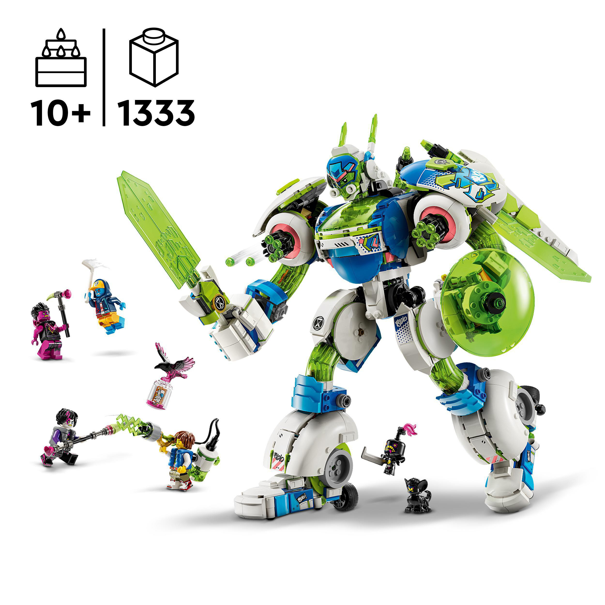 Ein LEGO-Set mit einem großen Roboter und mehreren kleinen Figuren. Es hat einen weißen Hintergrund.