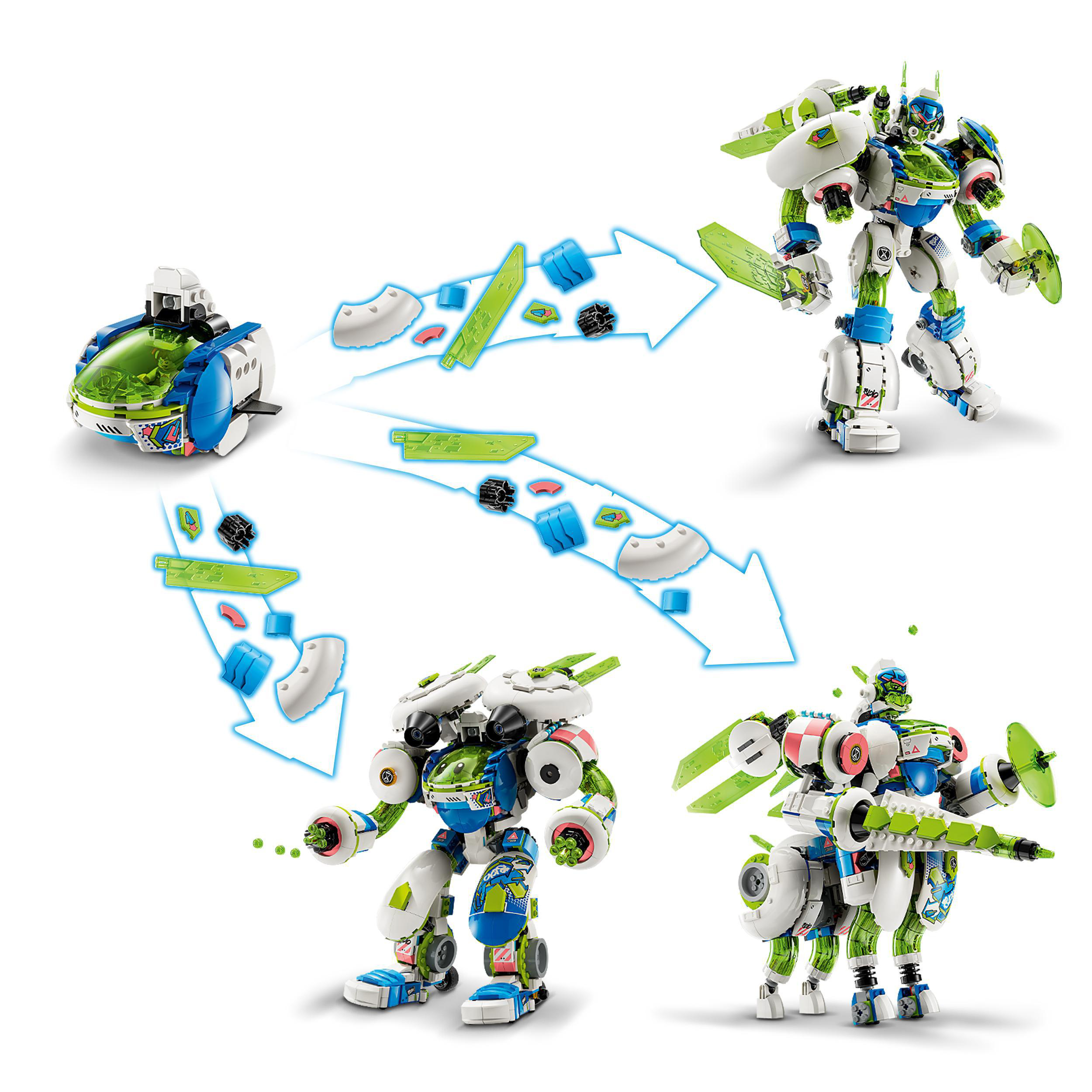 LEGO-Roboterspielzeug, das sich von einem Fahrzeug in verschiedene Roboterformen verwandelt.