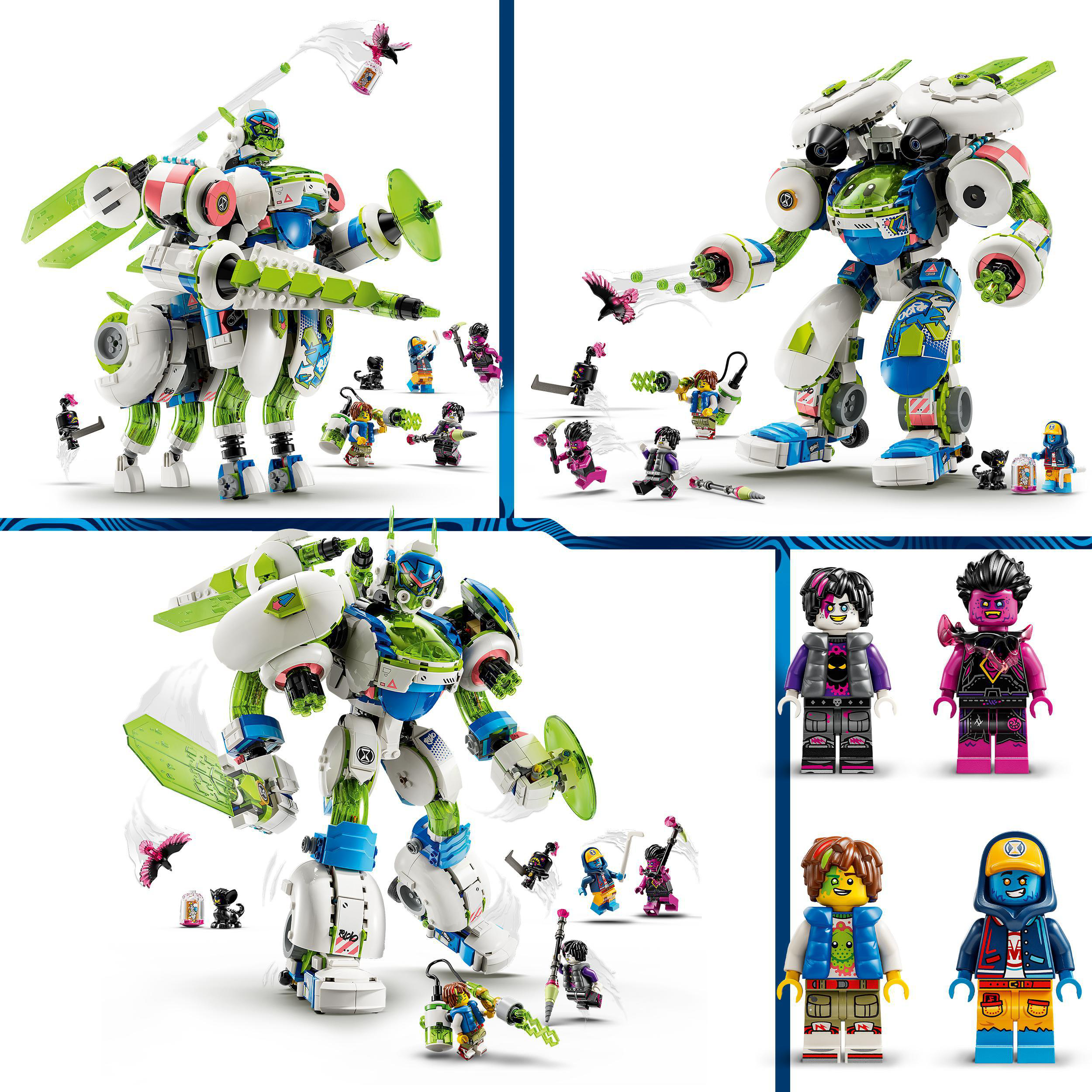Roboterspielzeug in Weiß, Grün und Blau. Miniaturfiguren sind darum herum verstreut. Der Hintergrund ist weiß.