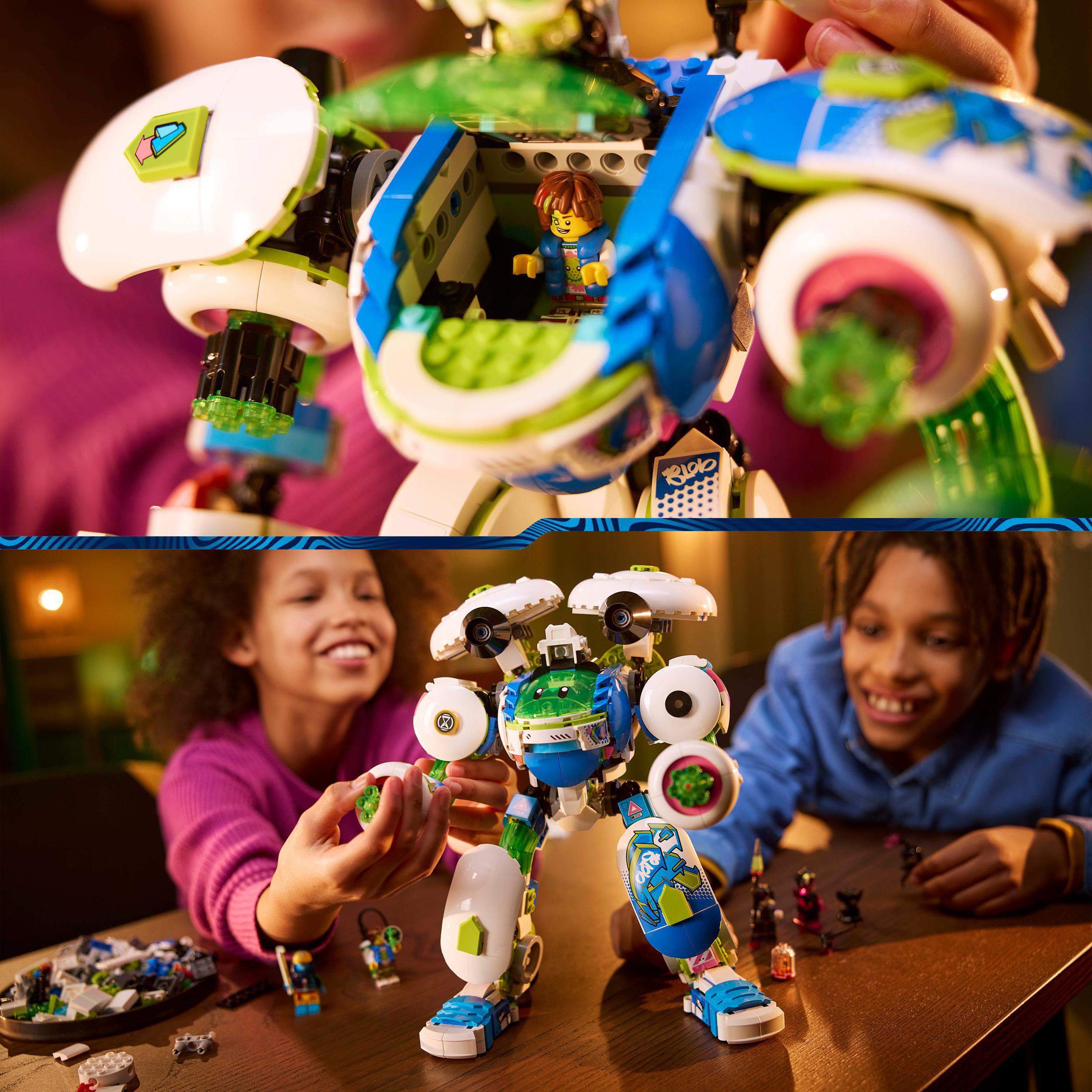 Kinder und Erwachsene bauen einen bunten Lego-Roboter, lächeln und interagieren.