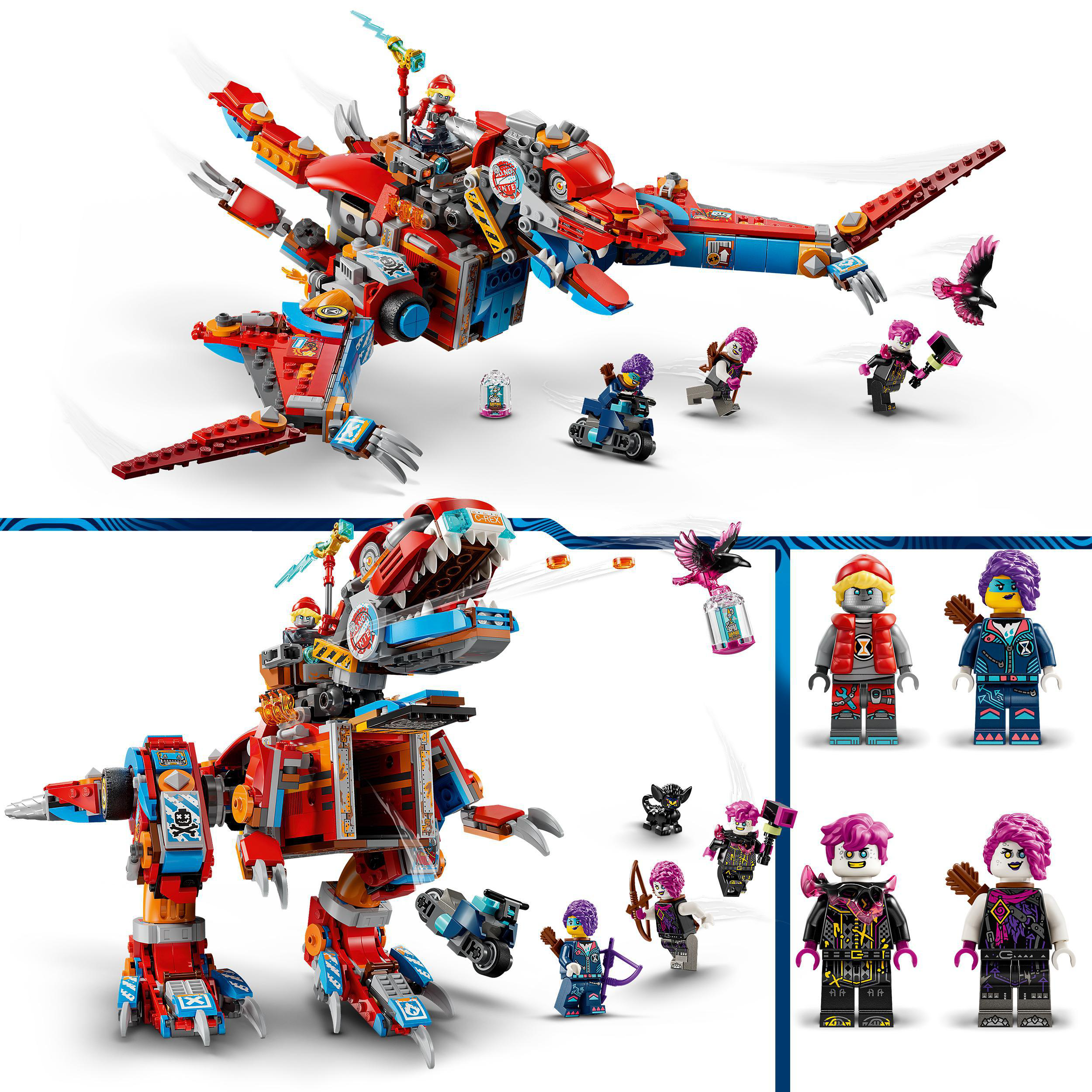 Lego-Set mit einem roten Drachen und Lego-Charakteren. Verschiedene Minifiguren sind ebenfalls vorhanden.