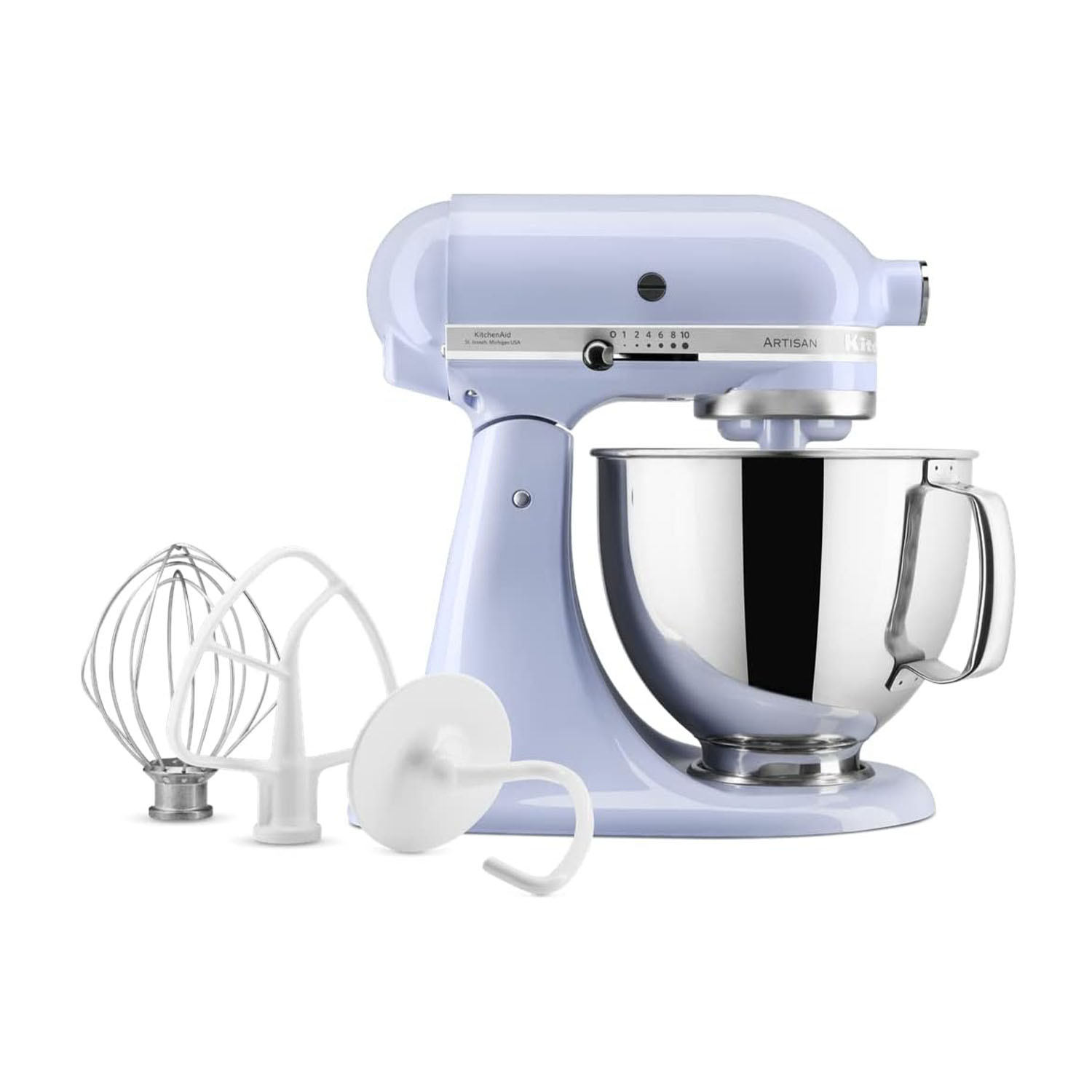 Frullatore KitchenAid azzurro chiaro con accessori su sfondo bianco.