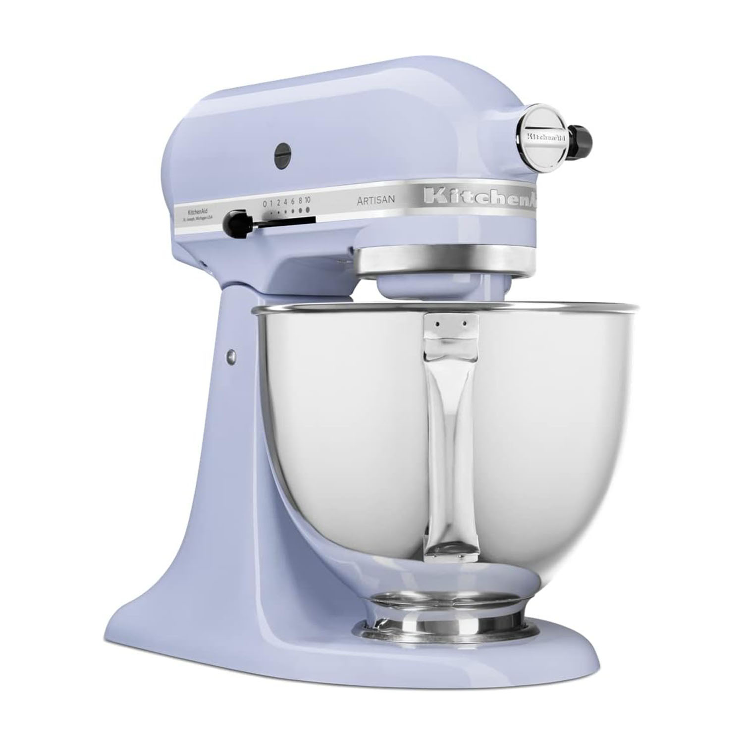 Frullatore KitchenAid azzurro chiaro, vista laterale, con ciotola in acciaio inox, sfondo bianco.