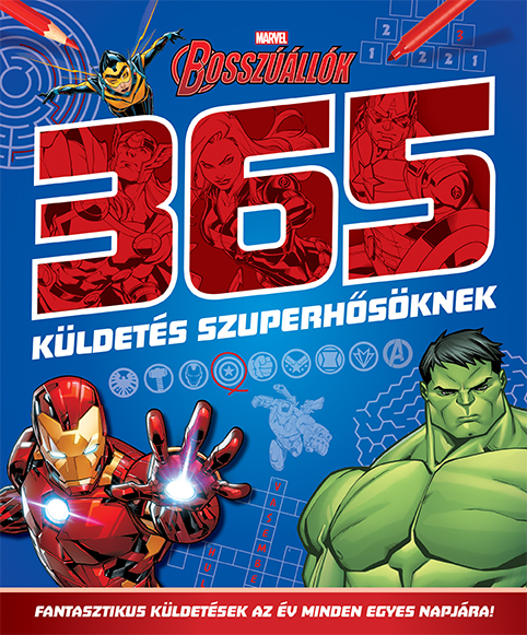 Egy Bosszúállók activity book borítója magyarul. Vasembert, Hulkot és más hősöket ábrázol kék háttérrel.