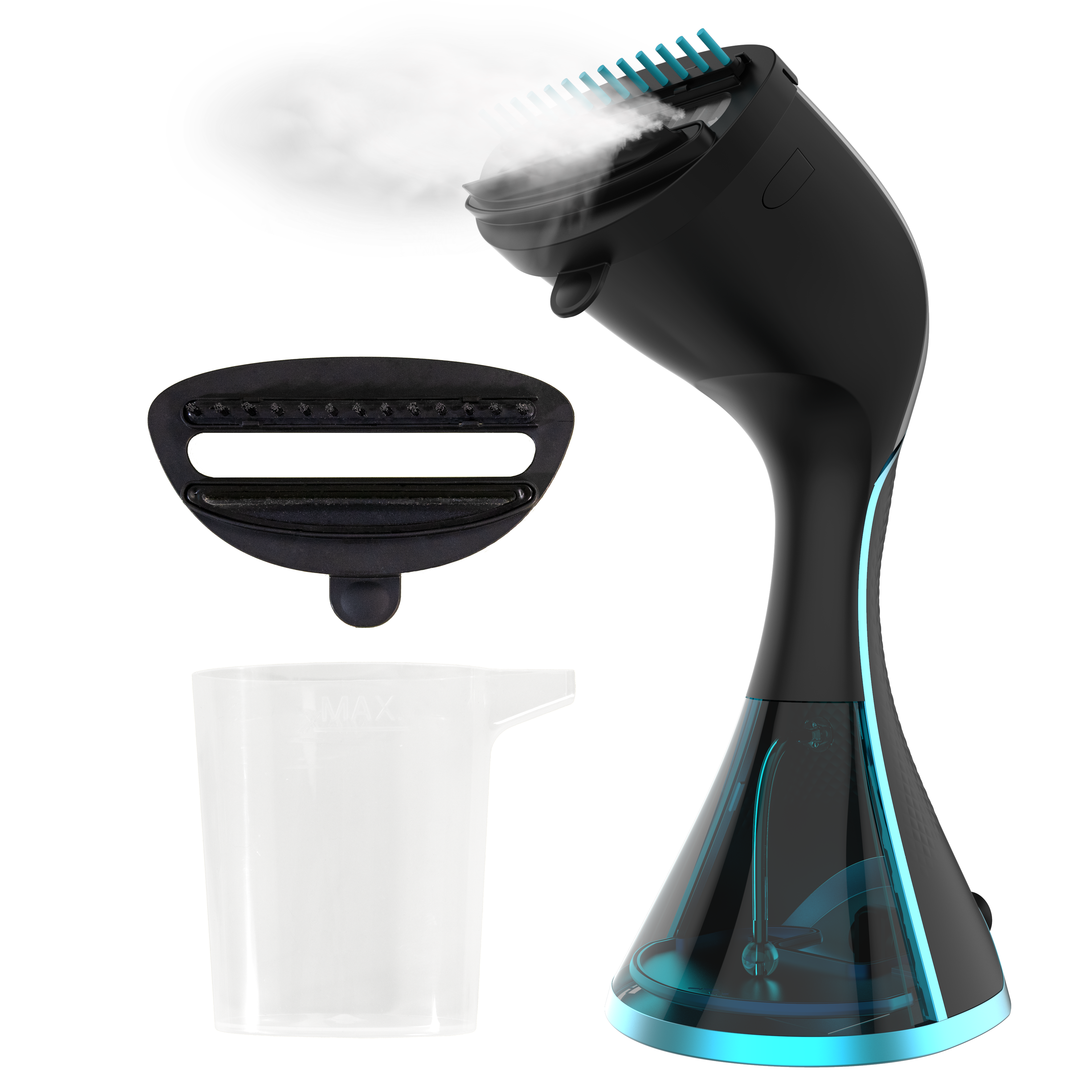 Un vaporizador de ropa portátil negro con un depósito de agua y una taza de agua blanca.