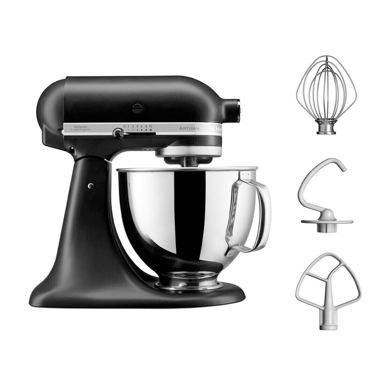 Impastatrice KitchenAid nera con accessori: frusta, gancio e frusta piatta.