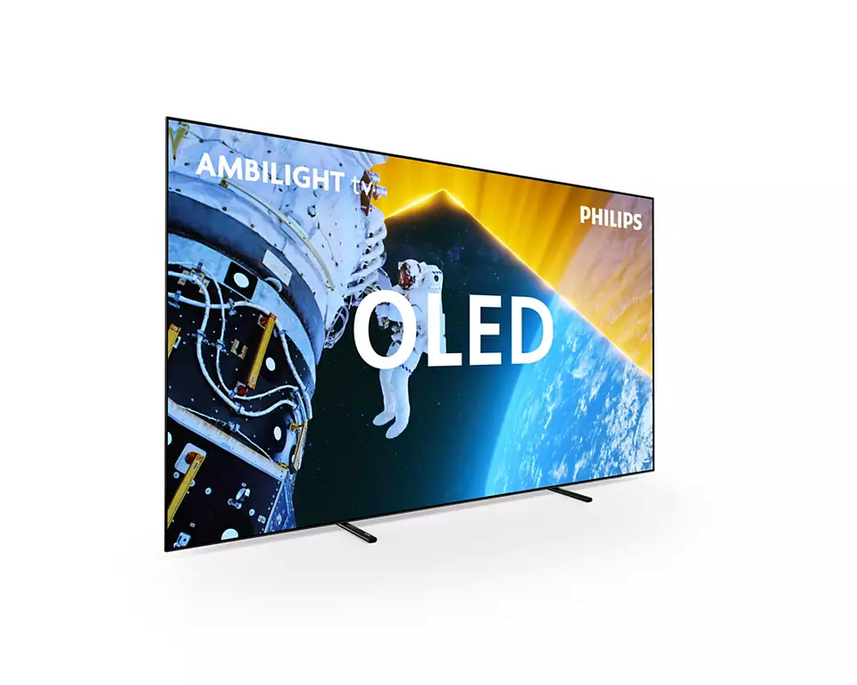 Ein schwarzer OLED-Fernseher mit einer Weltraumszene auf dem Bildschirm.