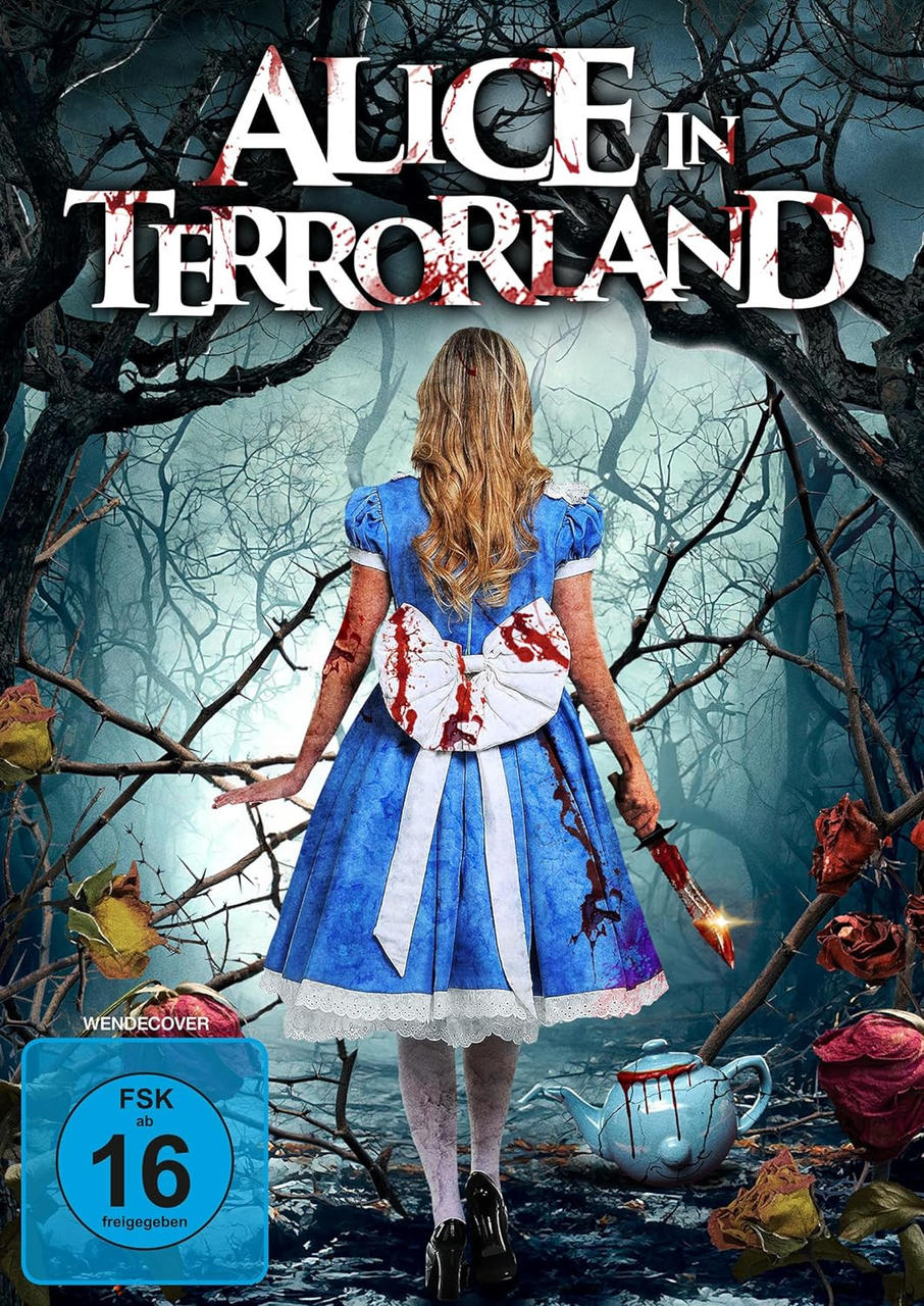 Filmposter für 'Alice in Terrorland'. Zeigt eine Frau in blauem Kleid mit blutigem Messer.