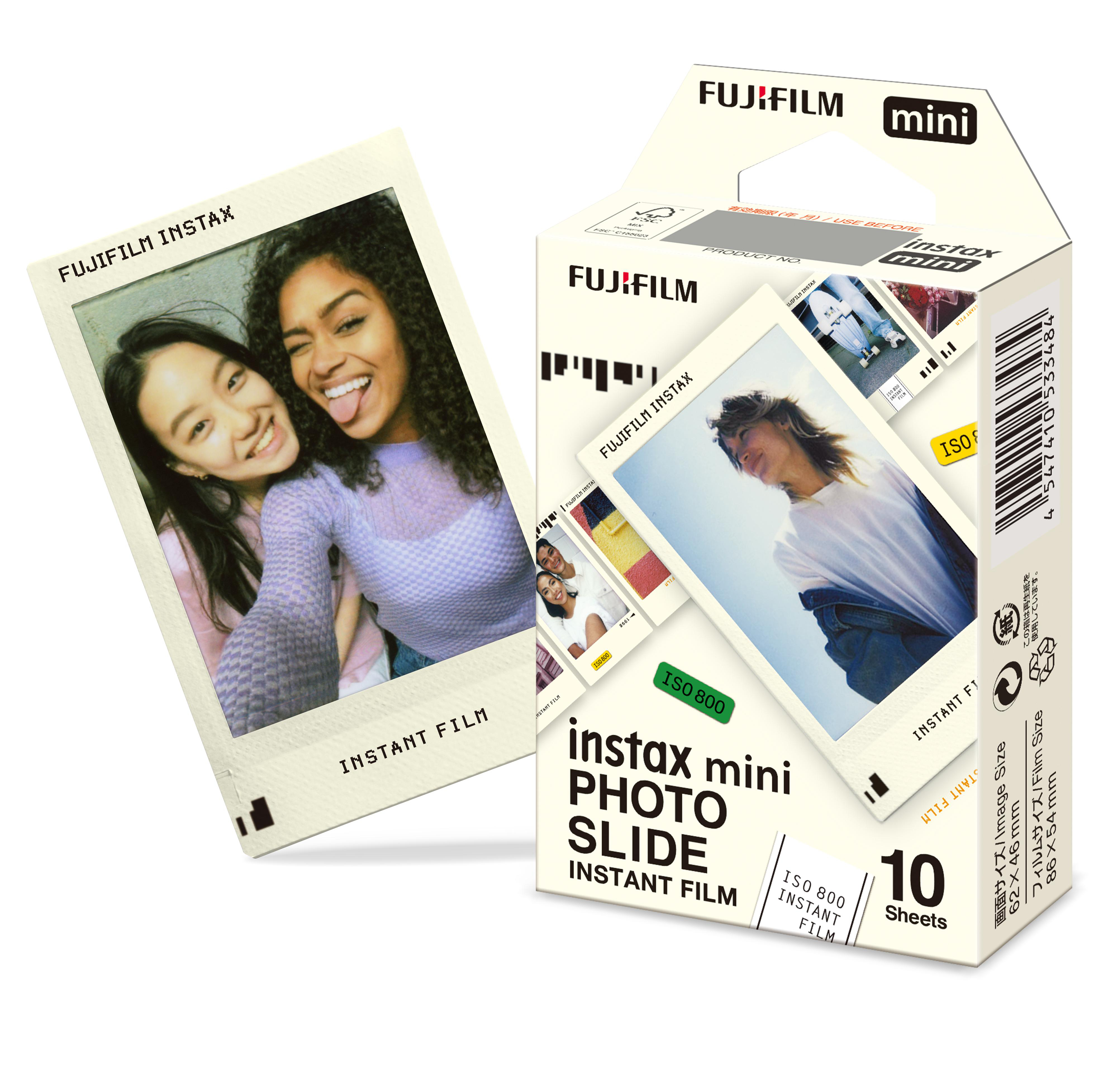 Schachtel mit Fujifilm Instax Mini Sofortbildfilm und einem Foto.
