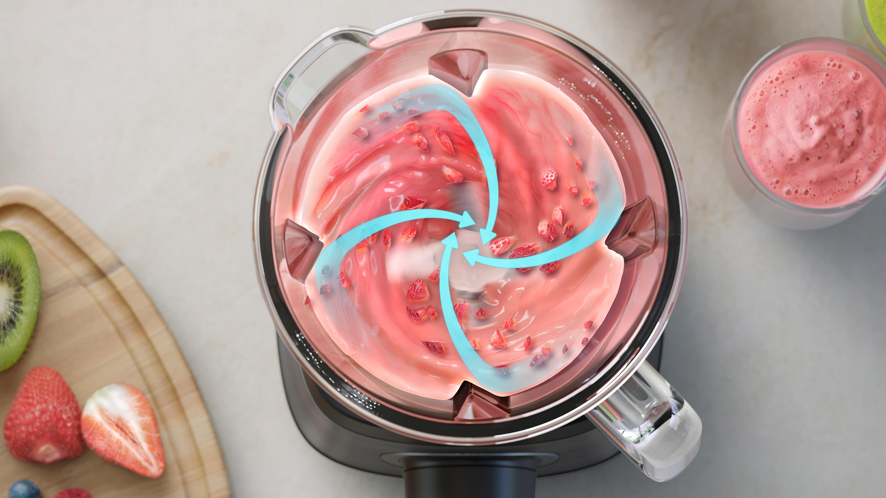 Licuadora con batido rosa mezclándose. Flechas muestran la acción de mezclar.
