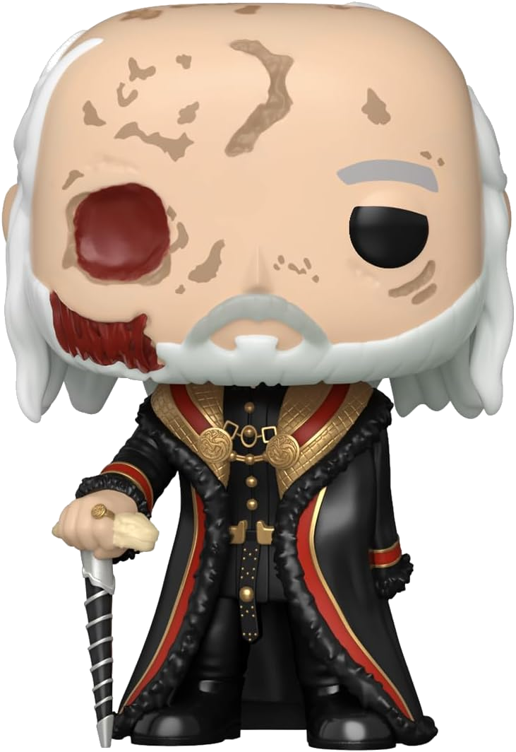 Funko Pop figura egy sérült öregemberről fekete-piros kabátban, botot tartva.