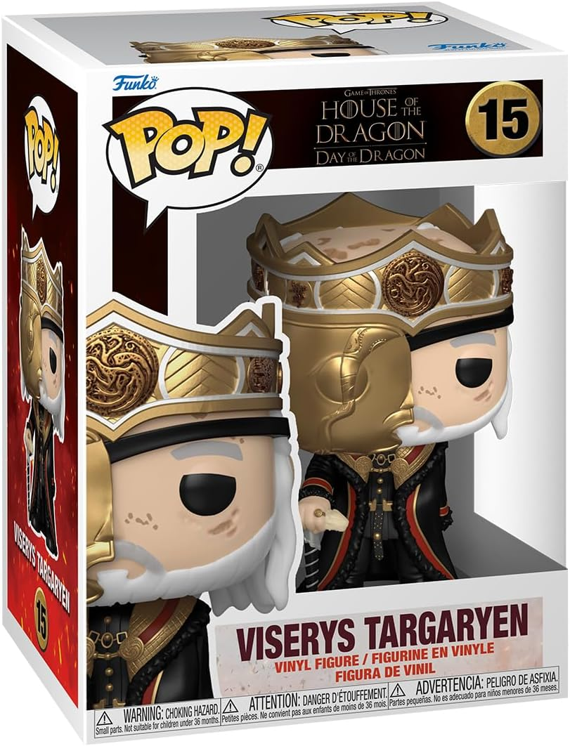 Egy Funko Pop! vinil figura Viserys Targaryen-ről a House of the Dragon-ból. Dobozban.