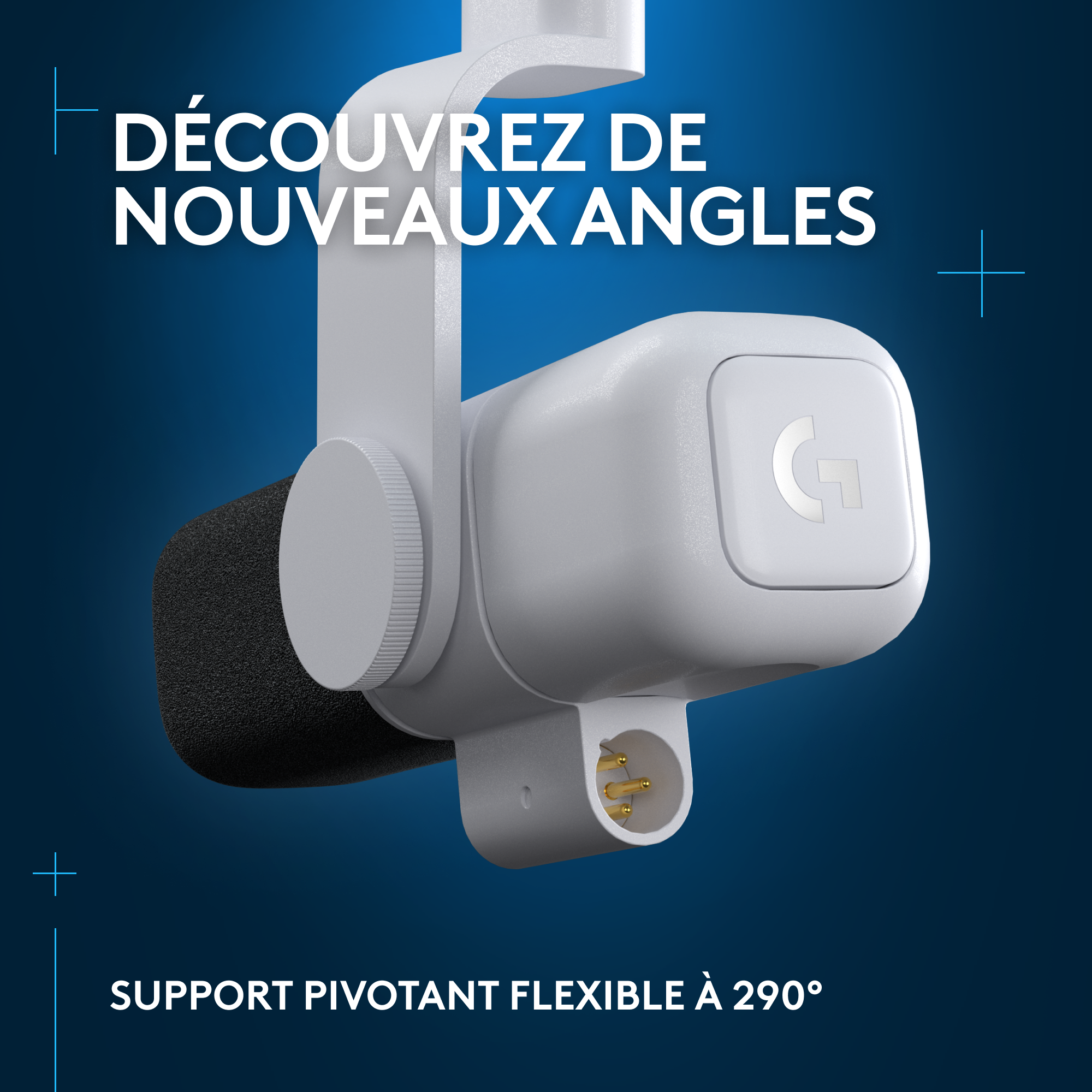 Support de microphone blanc et gris avec texte : Découvrez de nouveaux angles et pivot flexible.