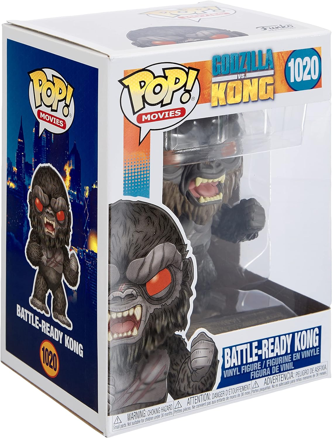 Battle-Ready Kong Funko Pop figura dobozban, városi háttérrel, kirakatban.