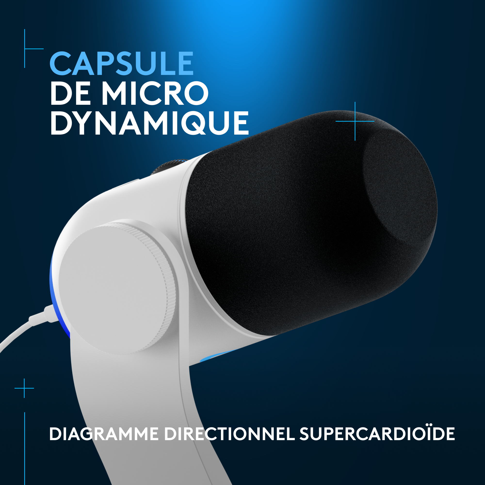 Microphone dynamique. Corps blanc, dessus noir avec mousse. Texte : Capsule de Micro Dynamique.