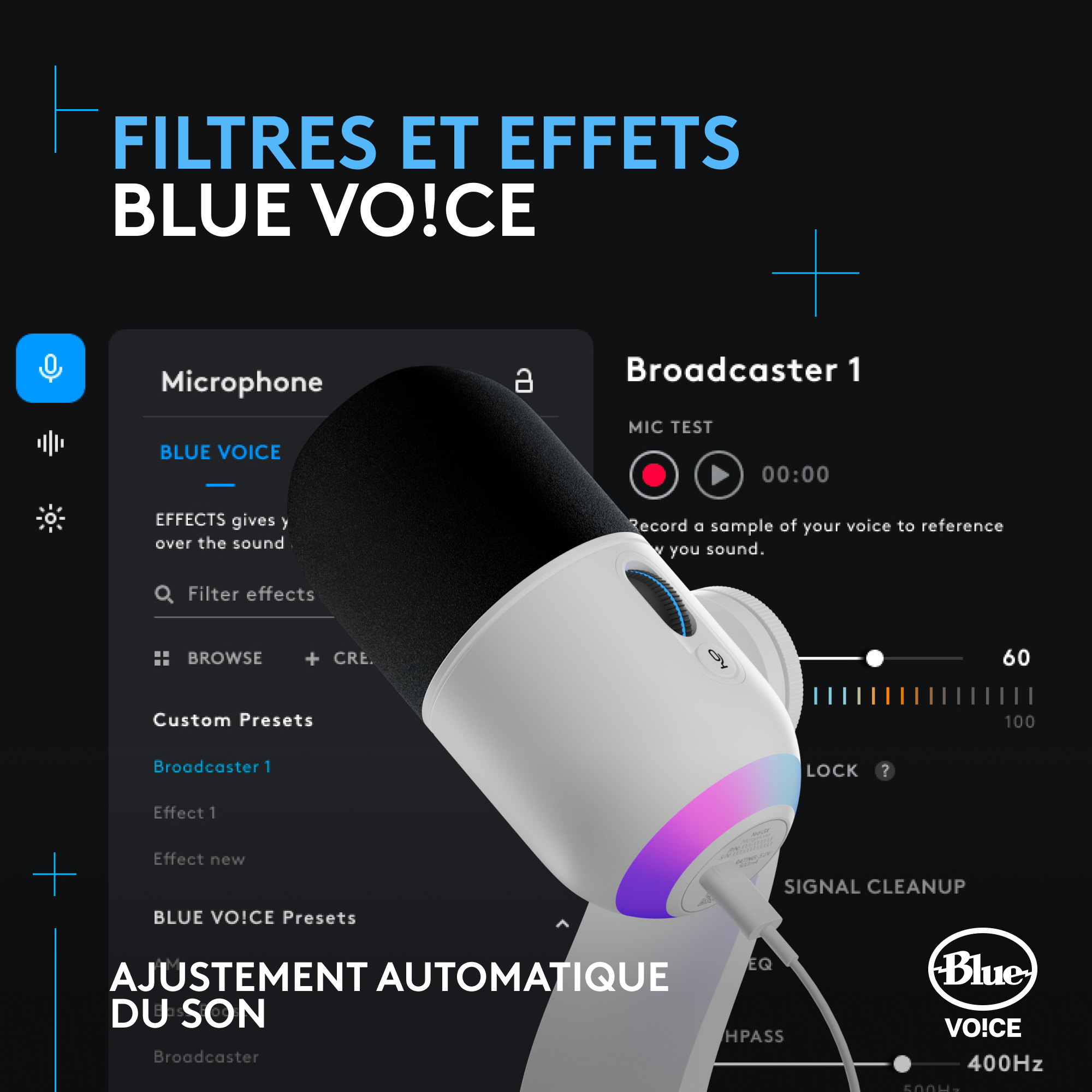 Interface des paramètres du microphone Blue Voice. Affiche microphone, effets de filtre, préréglages personnalisés.