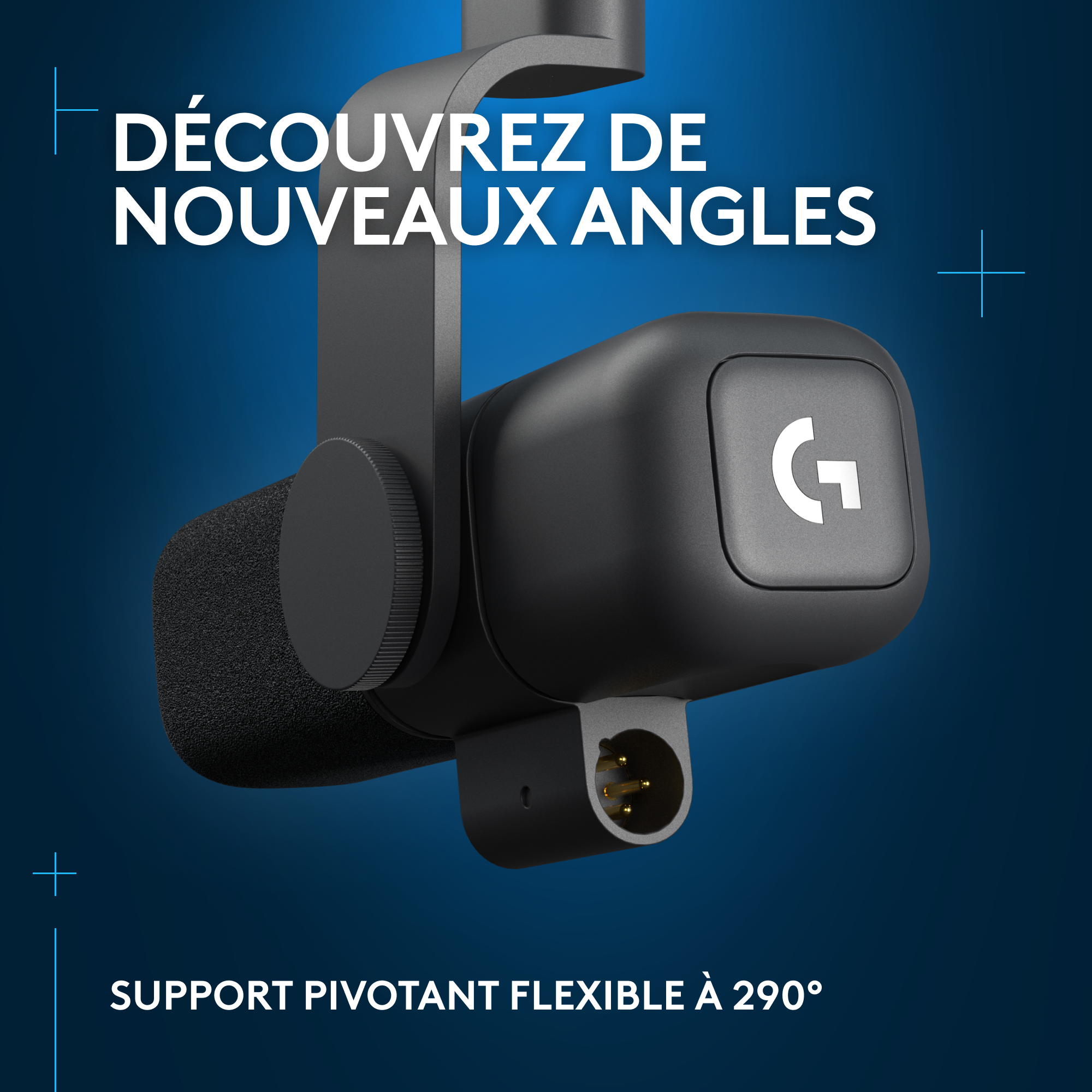 Appareil noir avec un logo G et une fixation pour microphone, avec le texte "DÉCOUVREZ DE NOUVEAUX ANGLES".