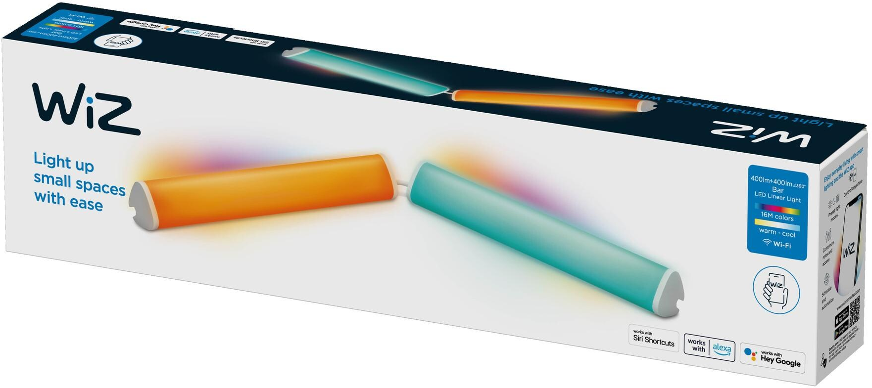 Scatola di luci intelligenti WiZ. Contiene due barre luminose in turchese e arancione, Wi-Fi e Siri.