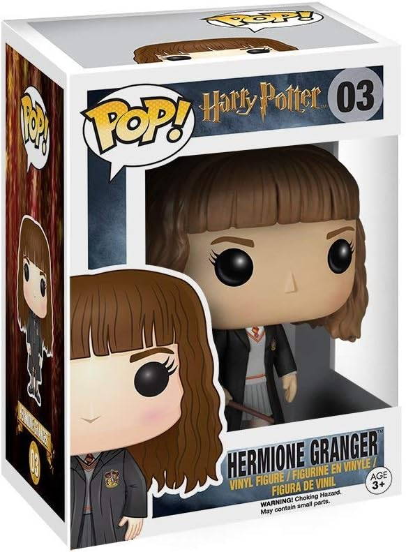 Egy dobozban lévő Hermione Granger POP! vinyl figura a Harry Potter sorozatból, elülső és oldalsó nézetben.